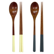 키볼리 한식 파스텔 옻칠 나무 수저 2인세트, 옐로우 + 다크블루, 숟가락 2종 + 젓가락 2종, 1세트