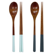 키볼리 한식 파스텔 옻칠 나무 수저 2인세트, 다크블루 + 스카이블루, 숟가락 2종 + 젓가락 2종, 1세트