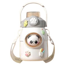 Mass 萌寵兒童不銹鋼保溫吸管杯 650ml 附吸管背帶 兒童保溫瓶, 月牙白 + 熊貓, 1個