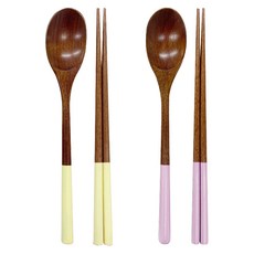키볼리 한식 파스텔 옻칠 나무 수저 2인세트, 라벤더 + 옐로우, 숟가락 2종 + 젓가락 2종, 1세트