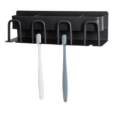 黏貼式收納型4格牙刷架, 1個, 黑色