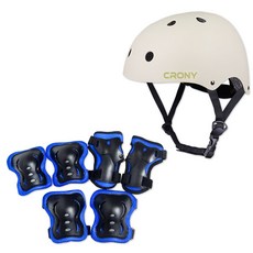 CRONY 安全帽 + 護具組 CR1, 暖灰色(安全帽) + 藍色(護具)