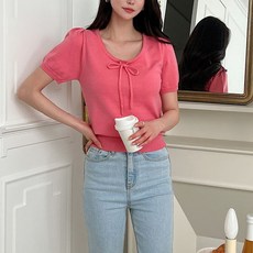 針織女款泡泡袖U領蝴蝶結短袖氣質款針織衫