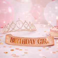 윰스 생일파티 공주 왕관 티아라 + 어깨띠 스트랩 세트, 로즈, 1세트