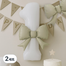 PARTYSHOW 可愛蝴蝶結鋁箔中型氣球 2入 + 數字氣球 1, 2套, 米色(中型米色), 白色(數字氣球)