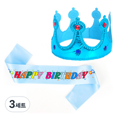 파티쇼 공주 스펀지 왕관 생일 어깨띠 세트, 라이트블루(왕관) + 컬러풀라이트블루(어깨띠), 3세트