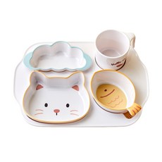 Modern House ON 兒童三聚氰胺貓咪餐具餐盤5件組, 1組, 多色, 餐盤 + 馬克杯 + 3個碗