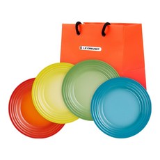 LE CREUSET 開胃菜盤 17cm 4入 + S號購物袋組合, 1套, 4種盤子 + 購物袋, 太陽黃, 橘色, 棕櫚綠, 加勒比海藍(盤子)