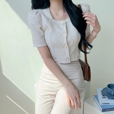 피어니스트 여성용 페르시 체크 반팔 트위드 자켓