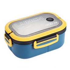 繽紛拚色可微波雙層分格便當盒 附餐具 1200ml 食品級PP材質, 藍色, 1個