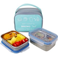 Bring Me 雙層不鏽鋼便當袋 + 附隔板菜盒 1個 + 飯盒 1個, 1套, 藍色