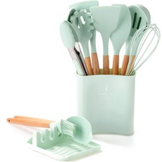 Momosoop 多功能木柄烹飪器具11入組, 淺綠色