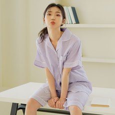 PALAN 情侶款週末條紋泡泡紗上下睡衣套裝