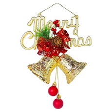 摩達客 精緻聖誕快樂英文字牌雙鐘吊飾, 紅色 + 金色, 1組