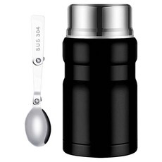 304不銹鋼保溫保冷悶燒罐 附餐勺, 750ml, 1個, 黑色 + 銀色