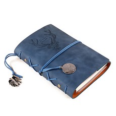 fromarte 復古鹿印章6孔皮革萬年空白A6手帳, 藍色, 1個