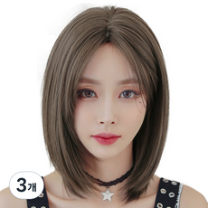 하이유니 스트레이트 펌 헤어 중단발 통가발 39cm + 가발망 + 거치대 세트, 쿨브라운(가발), 랜덤발송(거치대), 3개