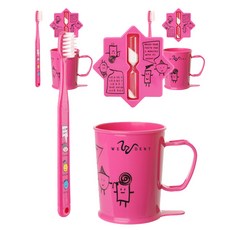 加寬兒童牙刷11-13歲+牙刷杯+沙漏套組粉色, 3組