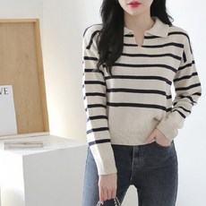 ZENITH 女款 Kino 寬鬆版型開衩翻領自然條紋針織衫