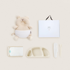 jellymom 新生兒禮盒 護頭防摔背帶枕+矽膠托盤+輔食湯匙+包巾組, 小熊燕麥片(保護套)、奶油米色(盤)、奶油米色(湯匙), 1組