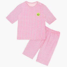 unifriend 童款Candy Pop格紋涼感人造絲7分袖上衣長褲組