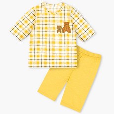 Uni FRIend 童款格紋小熊竹節棉7分袖上衣長褲組