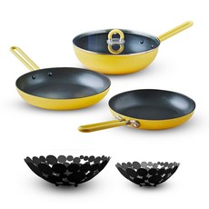 MasterPro by Alessi 電磁爐適用平底鍋6件組, 1套, 24公分平底鍋 + 28公分平底鍋 + 28公分炒鍋 + 28公分玻璃鍋蓋 + 24公分水果籃 + 28公分水果籃, 黃色(平底鍋), 隨機出貨(水果籃)