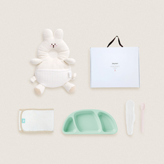 젤리맘 신생아 출산선물 아기머리보호대 + 실리콘 아기식판 + 이유식스푼 + 오가닉 스트랩 세트, 토끼 크림(보호대), 민트(식판), 베이비핑크(스푼), 1세트