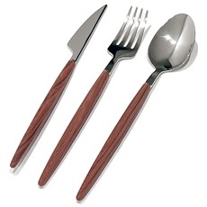 우드핸들 스텐 커트러리 양식기 3종 세트, 브라운, 스푼 + 포크 + 나이프, 1세트