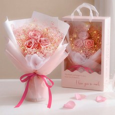 뷰티풀데코센스 생화 프리저브드 장미 안개 꽃다발 + LED전구 + 핸들캐리어, 핑크(꽃다발)