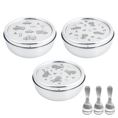 KOM 316不鏽鋼兒童隔熱碗附匙, 汽車 + 恐龍 + 獨角獸, 3個不銹鋼碗 + 3支湯匙, 1組