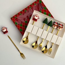 Kooleepool 聖誕節甜點餐具湯匙叉子組, 紅色C, 1套