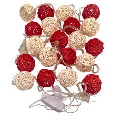 iINDOORS 籐球燈串, 手工編織染色, 浪漫藝術氣氛燈, 110V, 有公母插頭可延長串接, 燈條長度3公尺, 籐球直徑5公分, 豔紅聖誕插座款, 1條