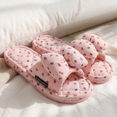 오브메종 딸기 리본 면 슬리퍼, 핑크, 1개
