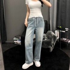 PEONIST 女款鬆緊腰帶寬版淺色丹寧牛仔褲