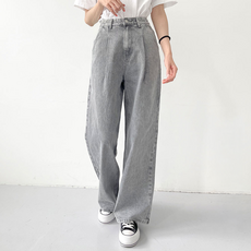 플랜데이 여성용 키작녀 키큰녀 빅사이즈 핀턱 와이드 데님 팬츠 롱