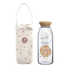 Winnie the Pooh 小熊維尼 日和竹蓋小玻璃瓶提袋組-耐熱玻璃杯 #304不銹鋼提袋, 500ml, 1組