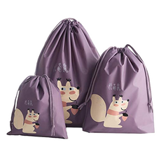 E.City 可愛動物圖案輕旅行束口收納袋3件套 PEVA材質, 小(21 x 24cm) + 中(32 x 27cm) + 大(37 x 41cm), 紫色, 1組