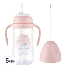 순수아 빨대컵 빨대형 300ml + 빨대꼭지 + 빨대솔, 핑크, 5세트