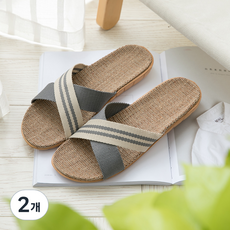 王骨藤編交叉條紋夏季拖鞋, 灰色, 2個