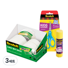 3M Scotch 神奇膠帶辦公室包 膠帶臺 MT-5 + 膠帶補充芯 18mm x 25m 4入 + 舒適兒童雙手通用剪刀 + 神奇膠水 6615 15g, 藍色(左右手兩用剪刀), 3套