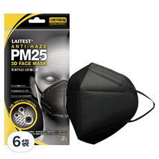 LAITEST 萊潔 PM2.5防霾口罩 成人用, 曜石黒, 2片, 6袋