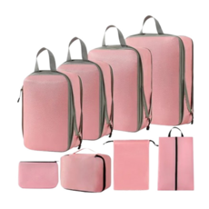 壓縮衣物收納袋 旅行衣物收納袋 雙層拉鏈收納袋 Set 8件 衣物包 鞋袋 內衣包 平口袋 束口袋, 5件組, 1組