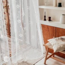 Decoone 孔眼花朵刺繡蕾絲窗簾+窗簾綁帶, 白象牙色
