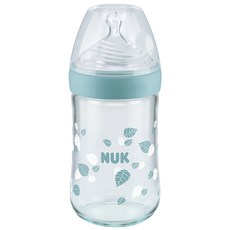 NUK Nature Sense 玻璃奶瓶，柔軟矽膠奶嘴，寬大瓶口, 綠色, 240ml, 1個