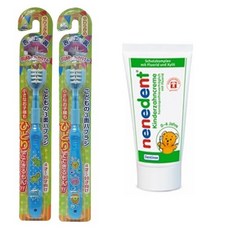 Dentinox 兒童3面牙刷 藍色 隨機出貨+含氟牙膏 50ml 蘋果味, 1組