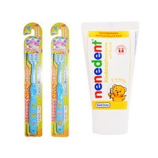 Nenedent兒童3面牙刷藍色隨機+兒童含氟牙膏草莓味50ml, 1組
