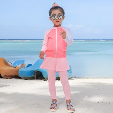 ROROCHAT 女童拼色叉肩拉鍊式長袖防曬泳衣+假兩件式短裙內搭長褲套裝