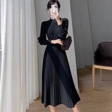 POPLAR NC 素色長袖針織連身裙, 黑色