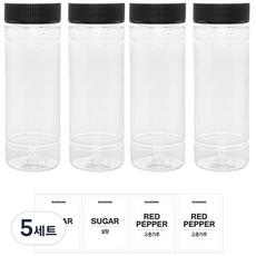 병도매닷컴 투명 PET 양념통 원형 검정캡 세트, 5세트, 양념통 140ml x 4p + 스티커 설탕 2p + 고춧가루 2p